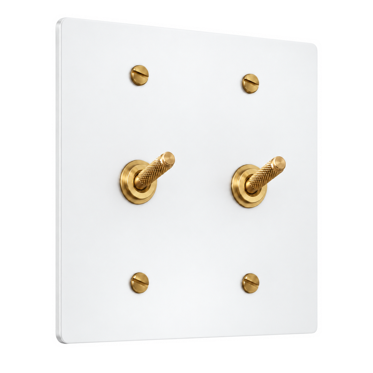2-Gang Solid Brass Knurled Toggle Light Switches in White with Brass Accents; 2 toggles on a white background