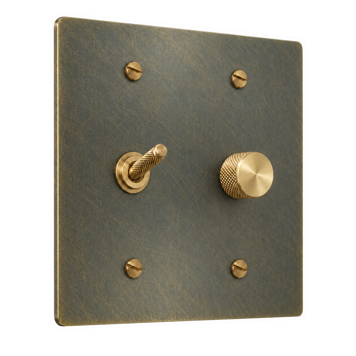 2-Gang Solid Brass Knurled Toggle Light Switch & Rotary Dimmer in Aged Bronze (Hand-Brushed); 1 toggle + 1 rotary dimmer on a white background