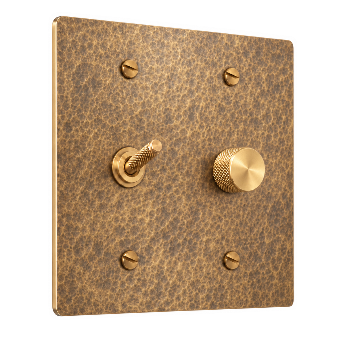 2-Gang Solid Brass Knurled Toggle Light Switch & Rotary Dimmer in Hammered Antique Brass; 1 toggle + 1 rotary dimmer on a white background