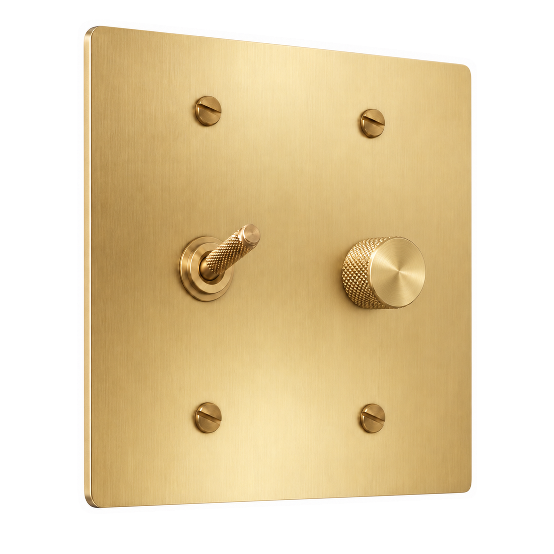 2-Gang Solid Brass Knurled Toggle Light Switch & Rotary Dimmer in Satin Brass; 1 toggle + 1 rotary dimmer on a white background