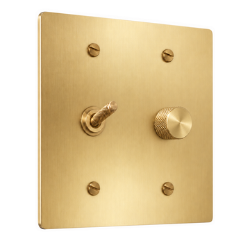 2-Gang Solid Brass Knurled Toggle Light Switch & Rotary Dimmer in Satin Brass; 1 toggle + 1 rotary dimmer on a white background
