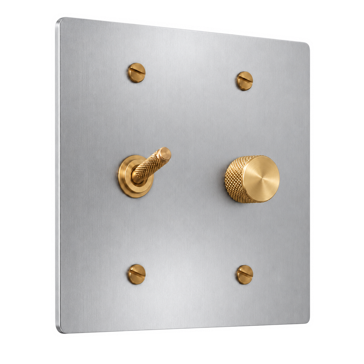 2-Gang Solid Brass Knurled Toggle Light Switch & Rotary Dimmer in Stainless Steel; 1 toggle + 1 rotary dimmer on a white background