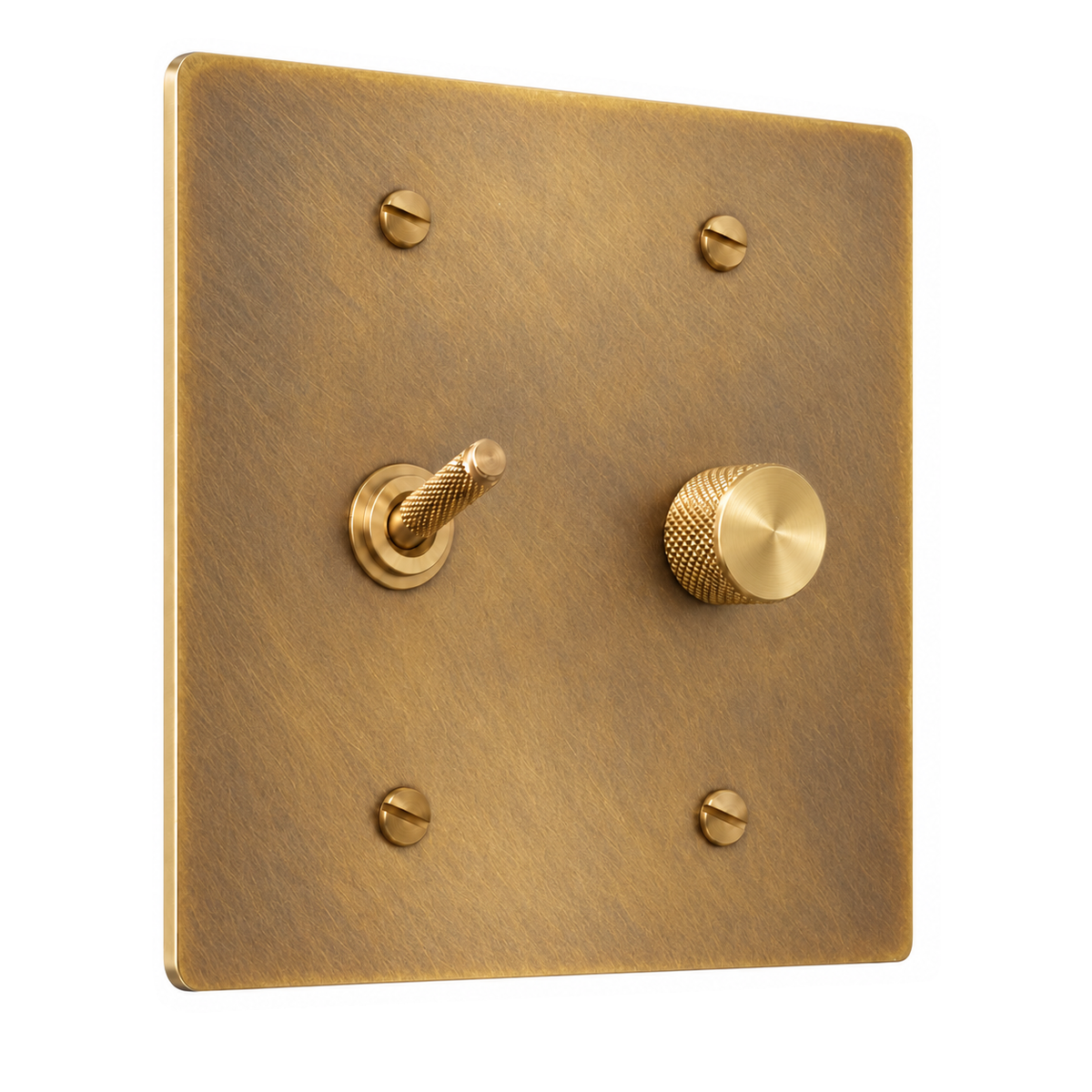 2-Gang Solid Brass Knurled Toggle Light Switch & Rotary Dimmer in Unlacquered Antique Brass (Hand-Brushed); 1 toggle + 1 rotary dimmer on a white background