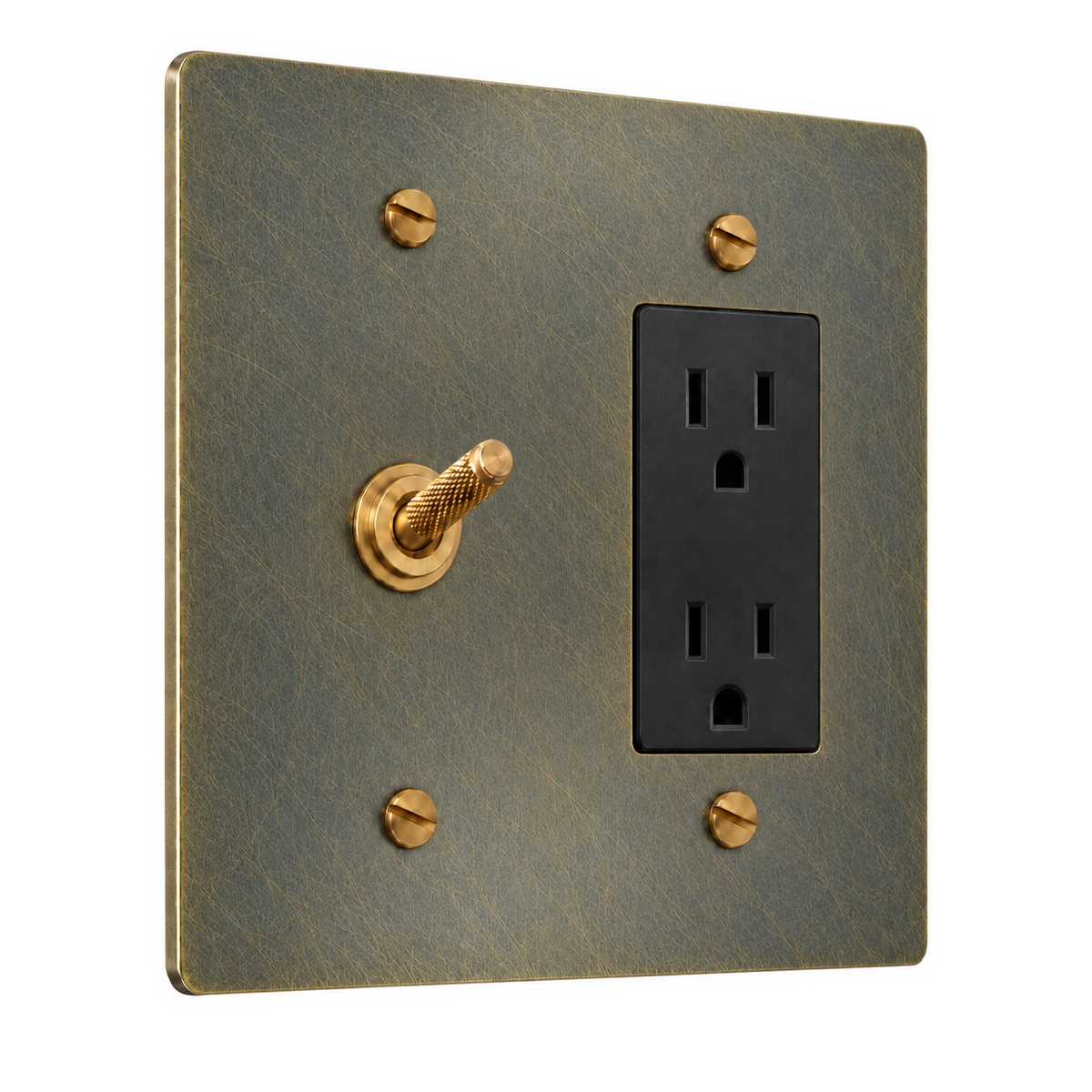 2-Gang Solid Brass Knurled Toggle Light Switch & Duplex Outlet in Aged Bronze (Hand-Brushed); 1 toggle + 1 duplex outlet on a white background