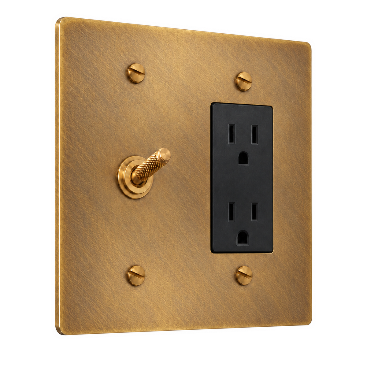 2-Gang Solid Brass Knurled Toggle Light Switch & Duplex Outlet in Antique Brass (Hand-Brushed); 1 toggle + 1 duplex outlet on a white background