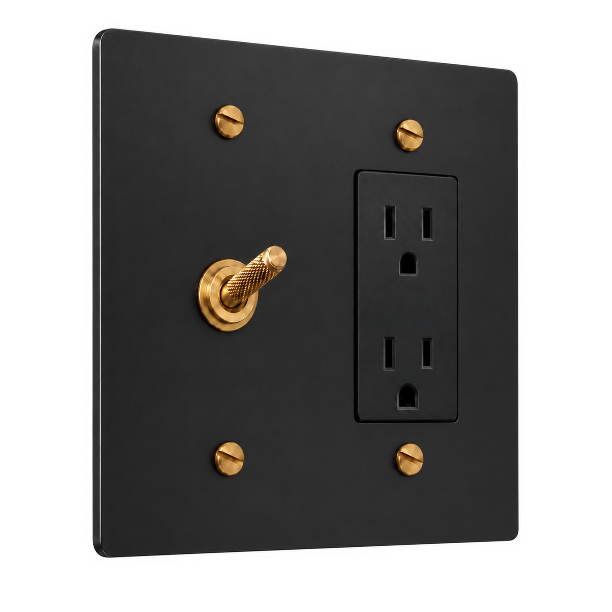 2-Gang Solid Brass Knurled Toggle Light Switch & Duplex Outlet in Black with Brass Accents; 1 toggle + 1 duplex outlet on a white background