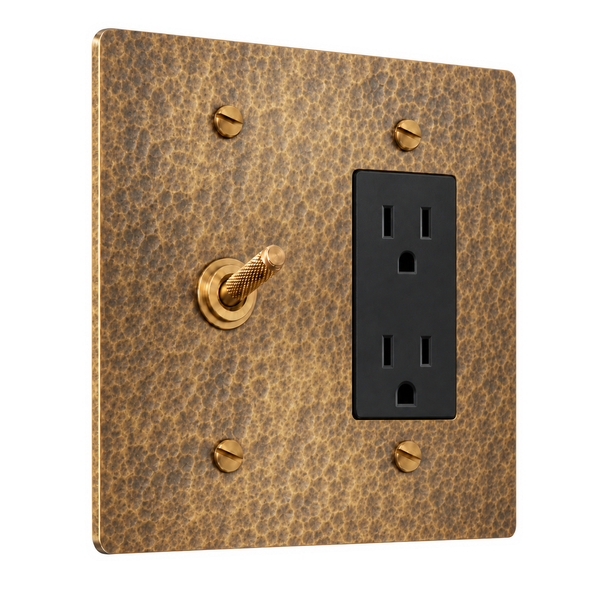 2-Gang Solid Brass Knurled Toggle Light Switch & Duplex Outlet in Hammered Antique Brass; 1 toggle + 1 duplex outlet on a white background