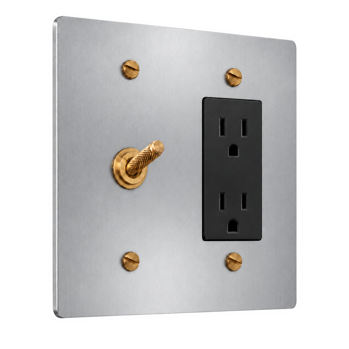 2-Gang Solid Brass Knurled Toggle Light Switch & Duplex Outlet in Stainless Steel; 1 toggle + 1 duplex outlet on a white background
