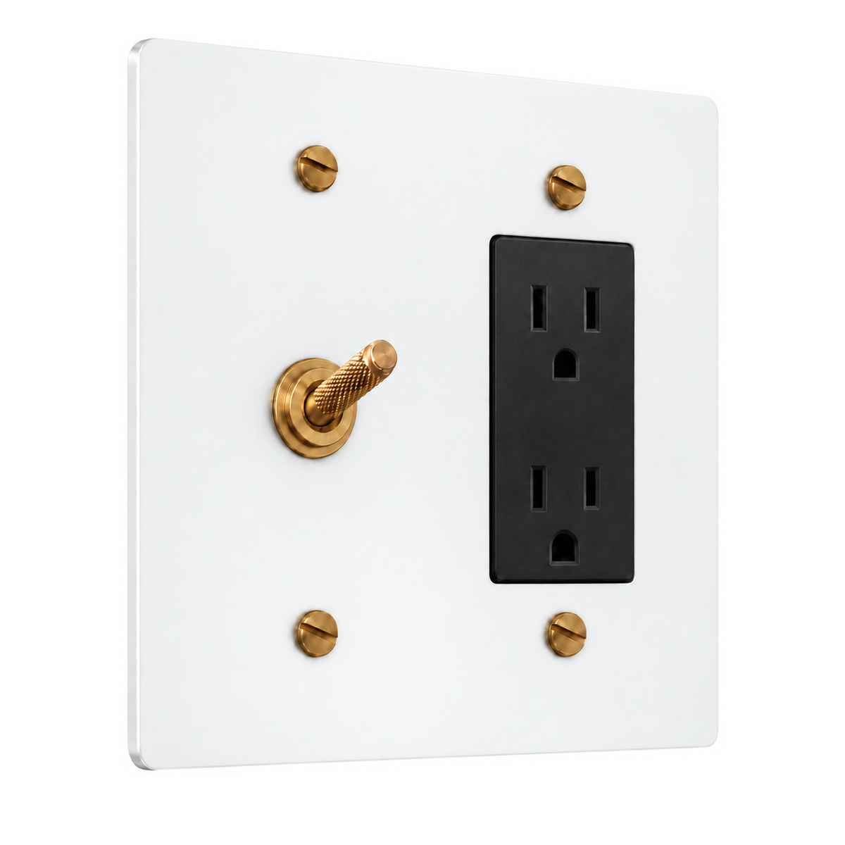 2-Gang Solid Brass Knurled Toggle Light Switch & Duplex Outlet in White with Brass Accents; 1 toggle + 1 duplex outlet on a white background