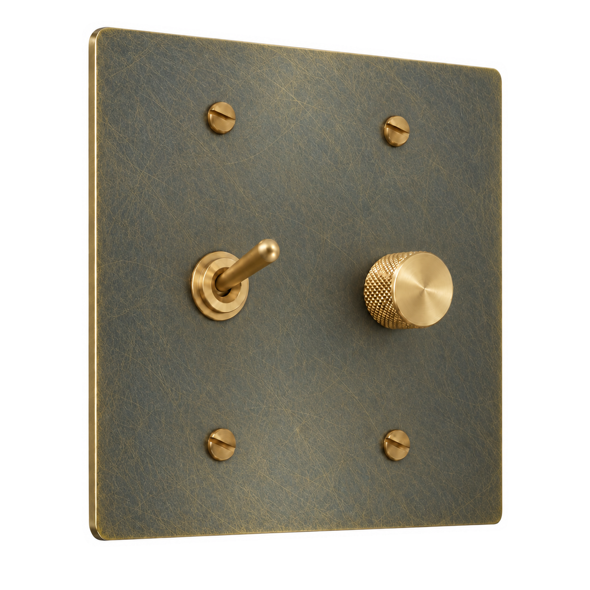 2-Gang Solid Brass Toggle Light Switch & Rotary Dimmer in Aged Bronze (Hand-Brushed); 1 toggle + 1 rotary dimmer on a white background