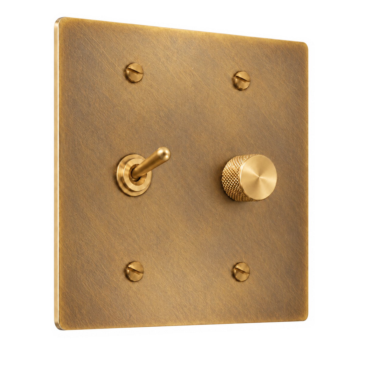 2-Gang Solid Brass Toggle Light Switch & Rotary Dimmer in Antique Brass (Hand-Brushed); 1 toggle + 1 rotary dimmer on a white background