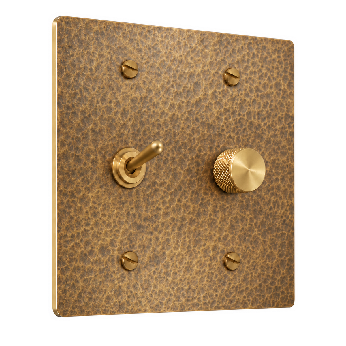 2-Gang Solid Brass Toggle Light Switch & Rotary Dimmer in Hammered Antique Brass; 1 toggle + 1 rotary dimmer on a white background