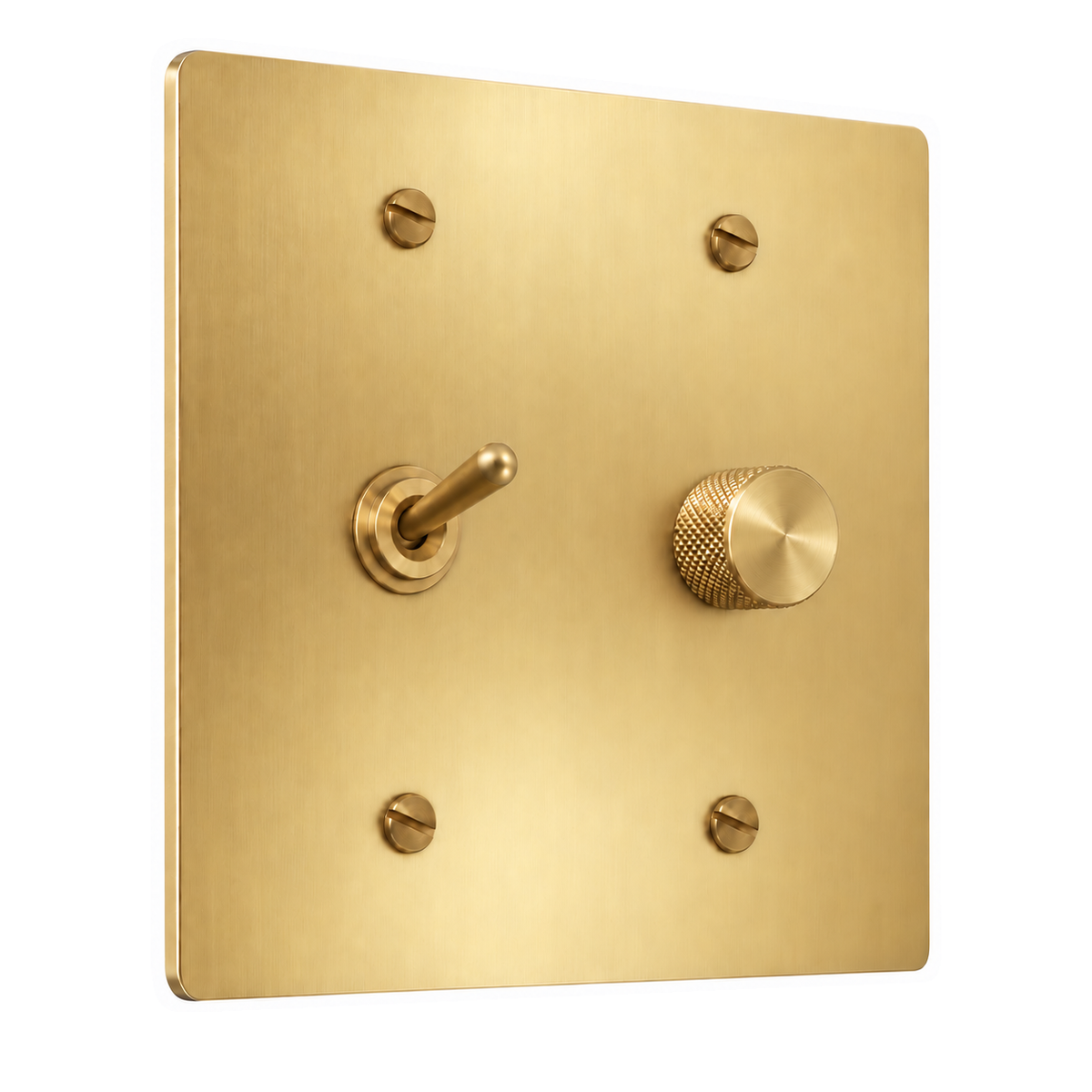 2-Gang Solid Brass Toggle Light Switch & Rotary Dimmer in Satin Brass; 1 toggle + 1 rotary dimmer on a white background