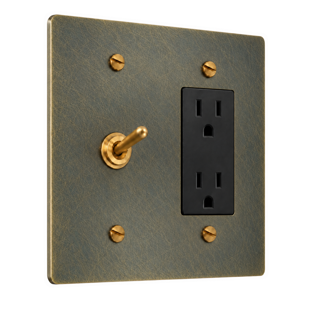2-Gang Solid Brass Toggle Light Switch & Duplex Outlet in Aged Bronze (Hand-Brushed); 1 toggle + 1 duplex outlet on a white background