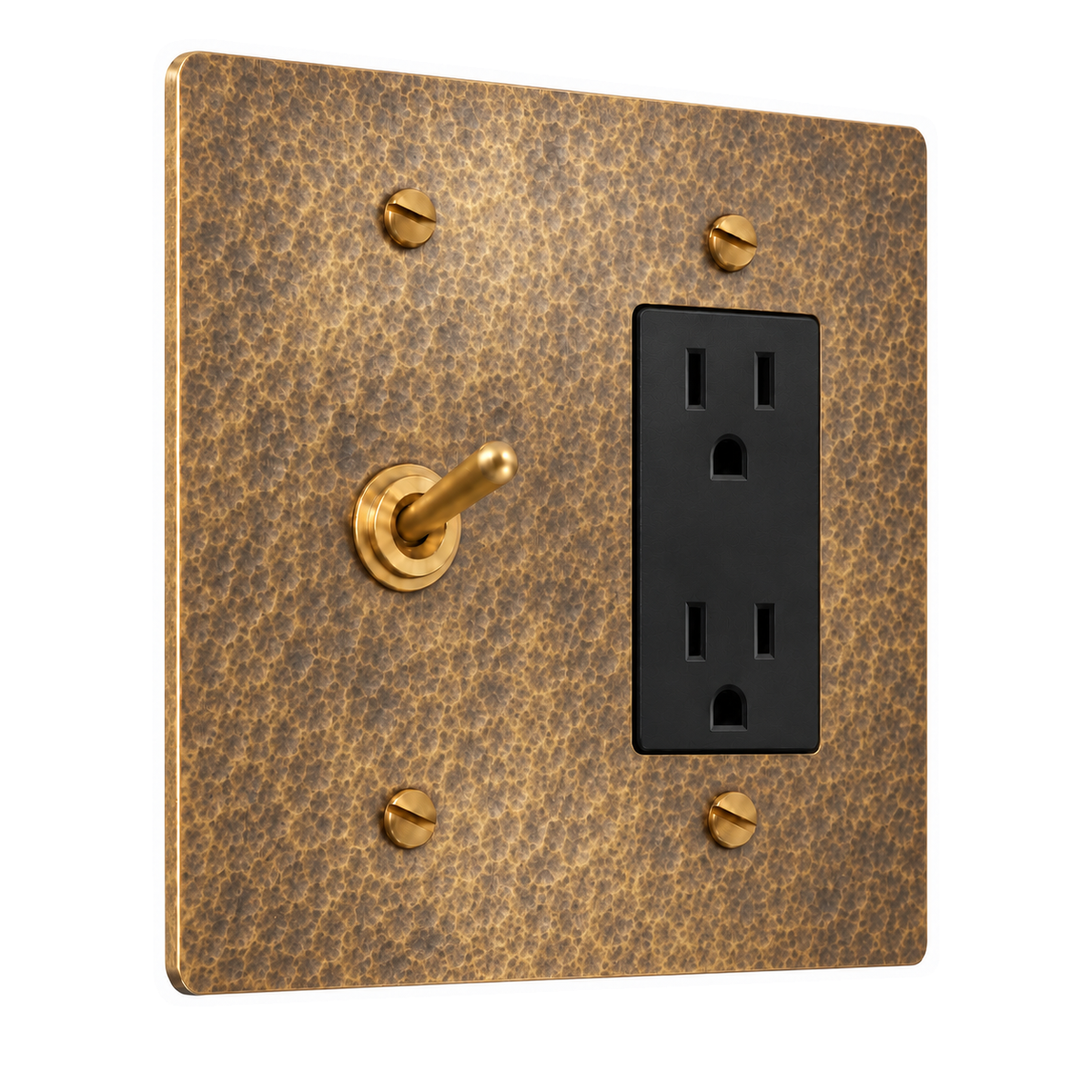 2-Gang Solid Brass Toggle Light Switch & Duplex Outlet in Hammered Antique Brass; 1 toggle + 1 duplex outlet on a white background