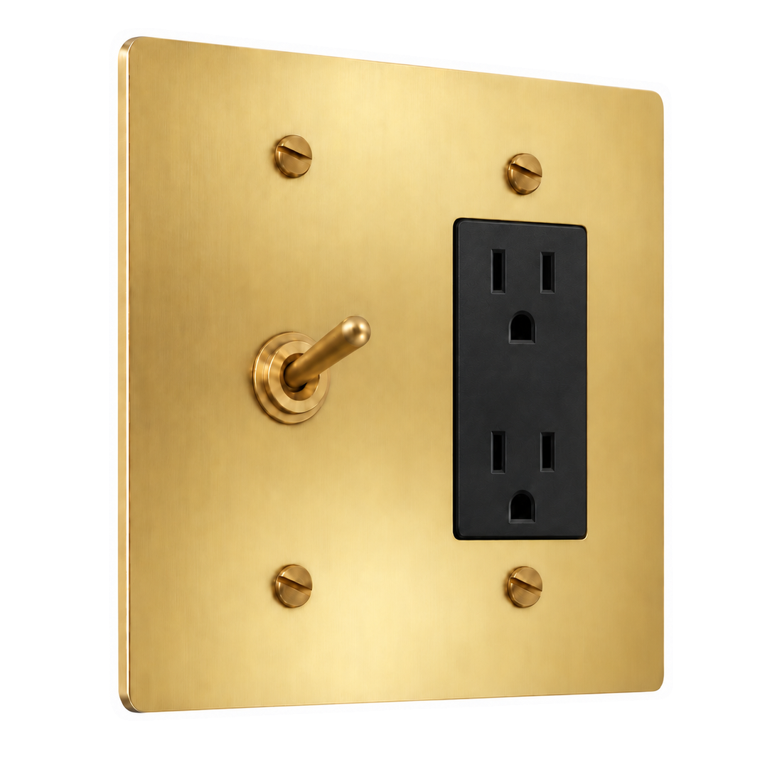 2-Gang Solid Brass Toggle Light Switch & Duplex Outlet in Satin Brass; 1 toggle + 1 duplex outlet on a white background