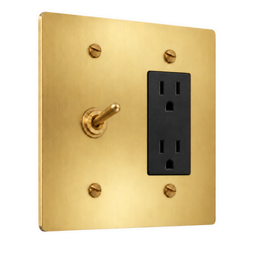 2-Gang Solid Brass Toggle Light Switch & Duplex Outlet in Satin Brass; 1 toggle + 1 duplex outlet on a white background