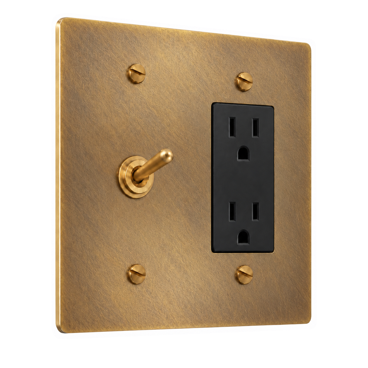 2-Gang Solid Brass Toggle Light Switch & Duplex Outlet in Unlacquered Antique Brass (Hand-Brushed); 1 toggle + 1 duplex outlet on a white background