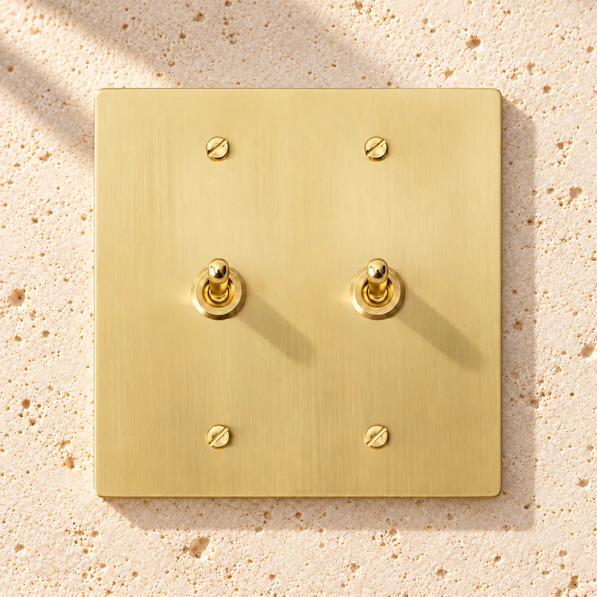 2-gang solid brass retro toggle light switch in satin brass finish
