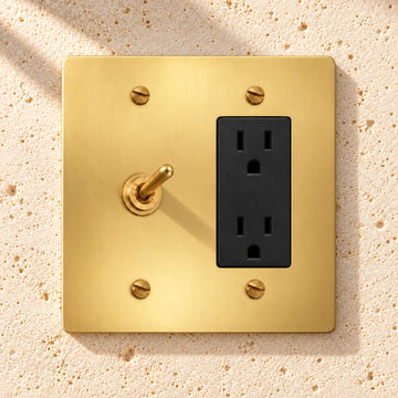 2-Gang Solid Brass Toggle Light Switch & Duplex Outlet on sunlit pale limestone