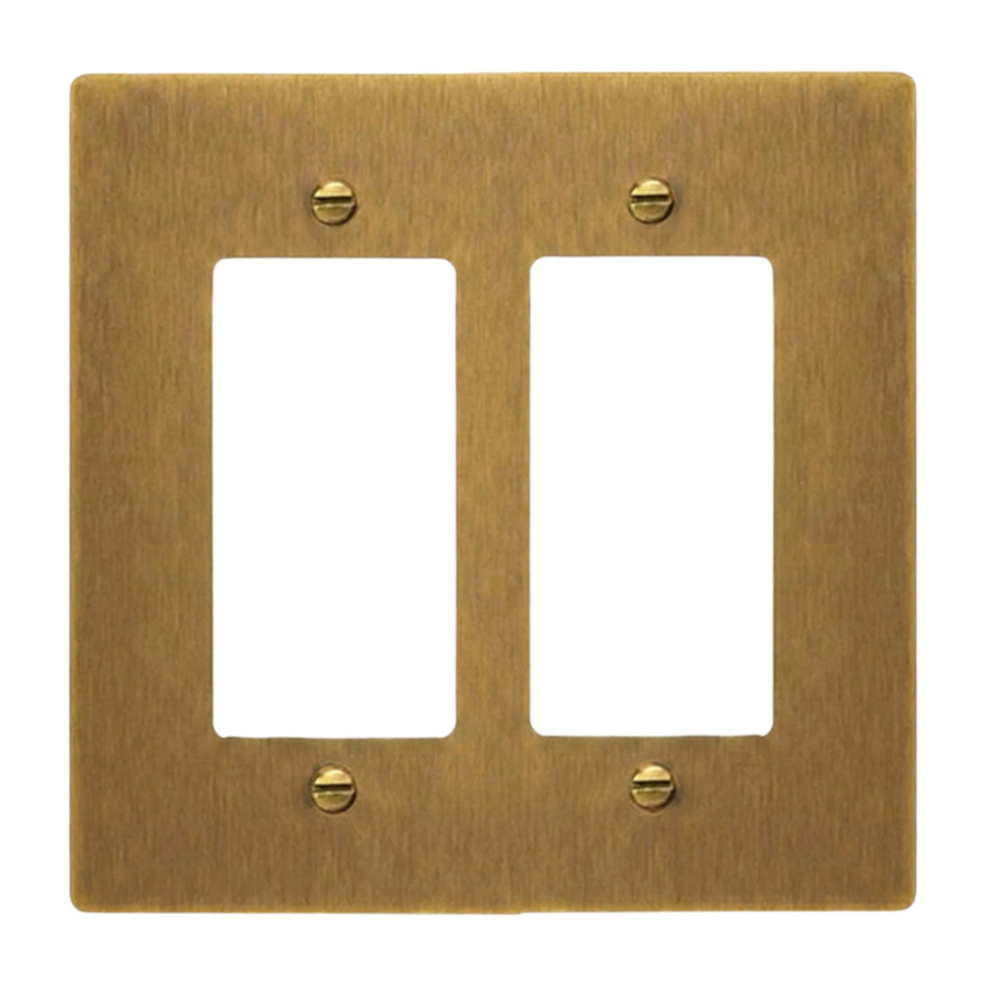 Antique Brass (Hand-Brushed): 2-gang solid brass Decora wall plate in Antique Brass (hand-brushed) finish
