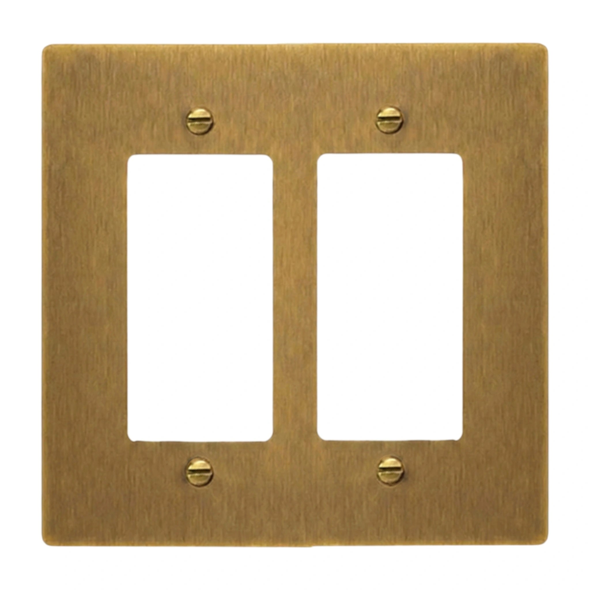 Antique Brass (Hand-Brushed): 2-gang solid brass Decora wall plate in Antique Brass (hand-brushed) finish