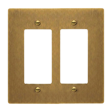 Antique Brass (Hand-Brushed): 2-gang solid brass Decora wall plate in Antique Brass (hand-brushed) finish