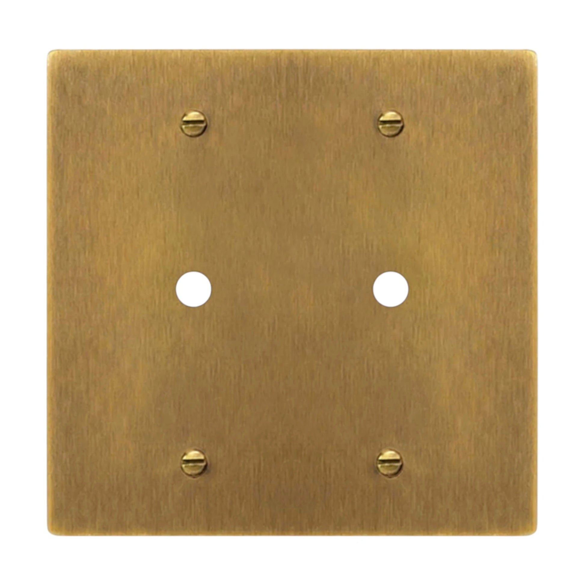 2-gang solid brass dimmer wall plate in antique brass hand-brushed finish, double rotary opening