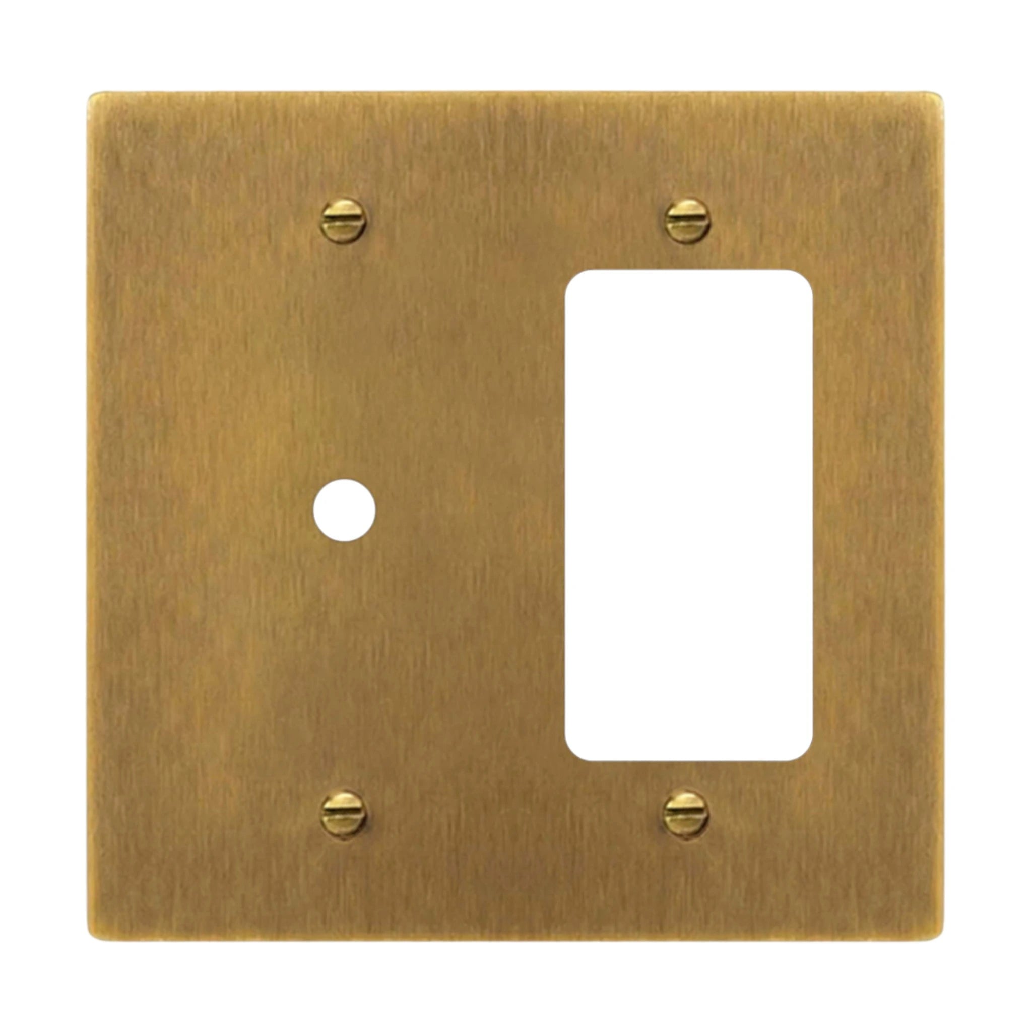 2-gang solid brass dimmer and outlet wall plate in antique brass hand-brushed finish, rotary plus decorator opening