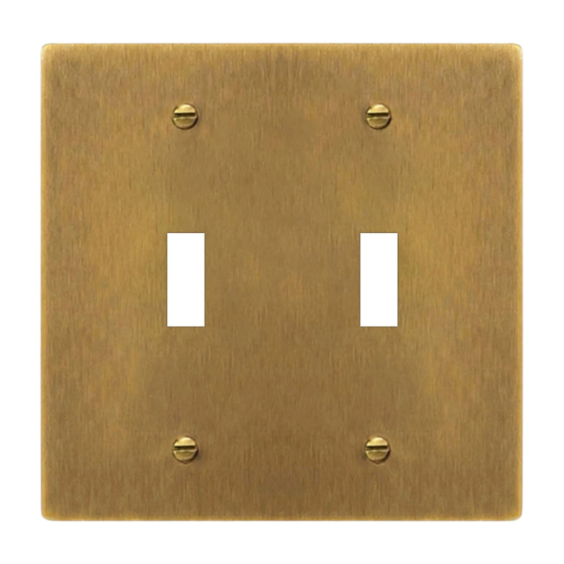2-gang solid brass toggle wall plate in aged bronze hand-brushed finish, double toggle opening