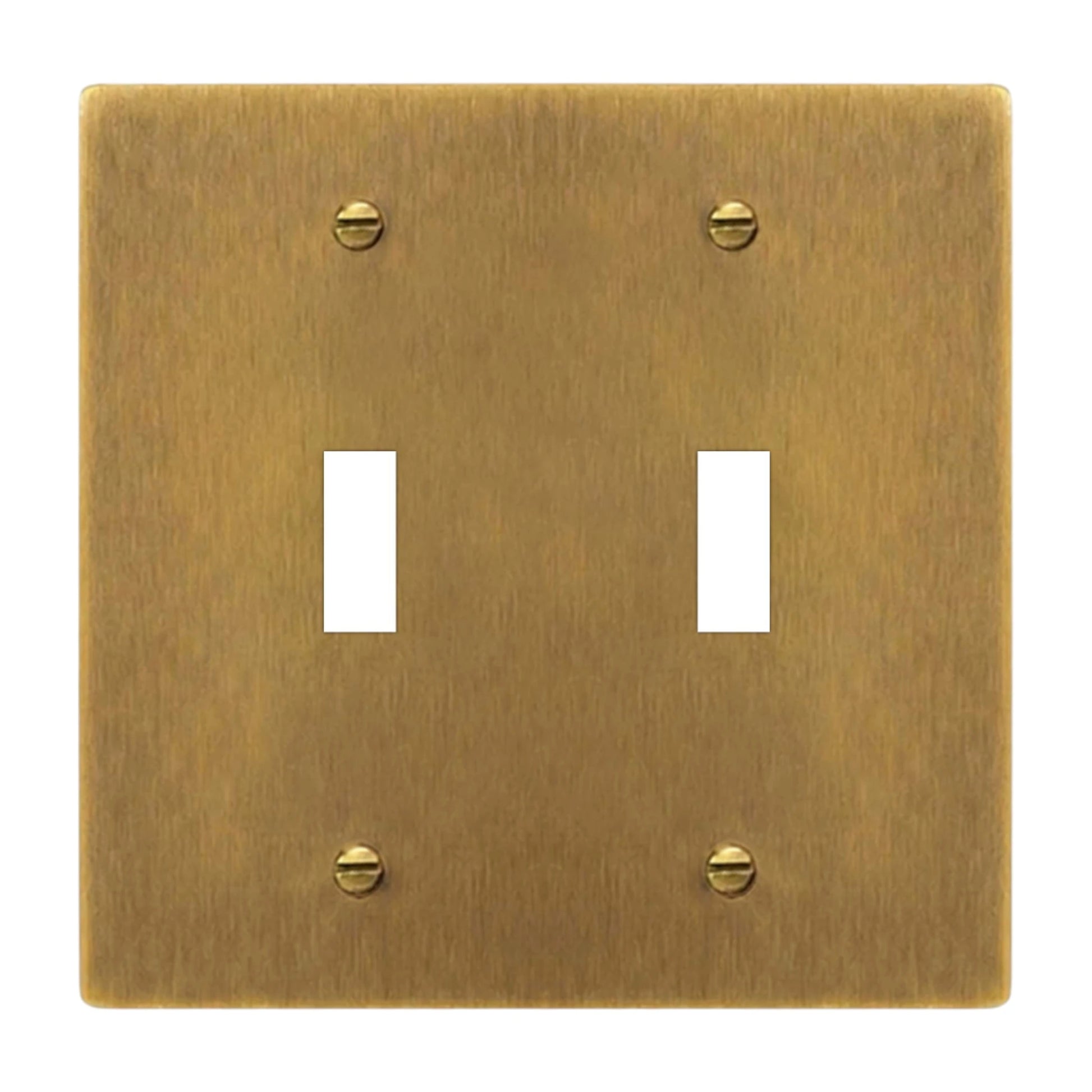 2-gang solid brass toggle wall plate in antique brass hand-brushed finish, double toggle opening