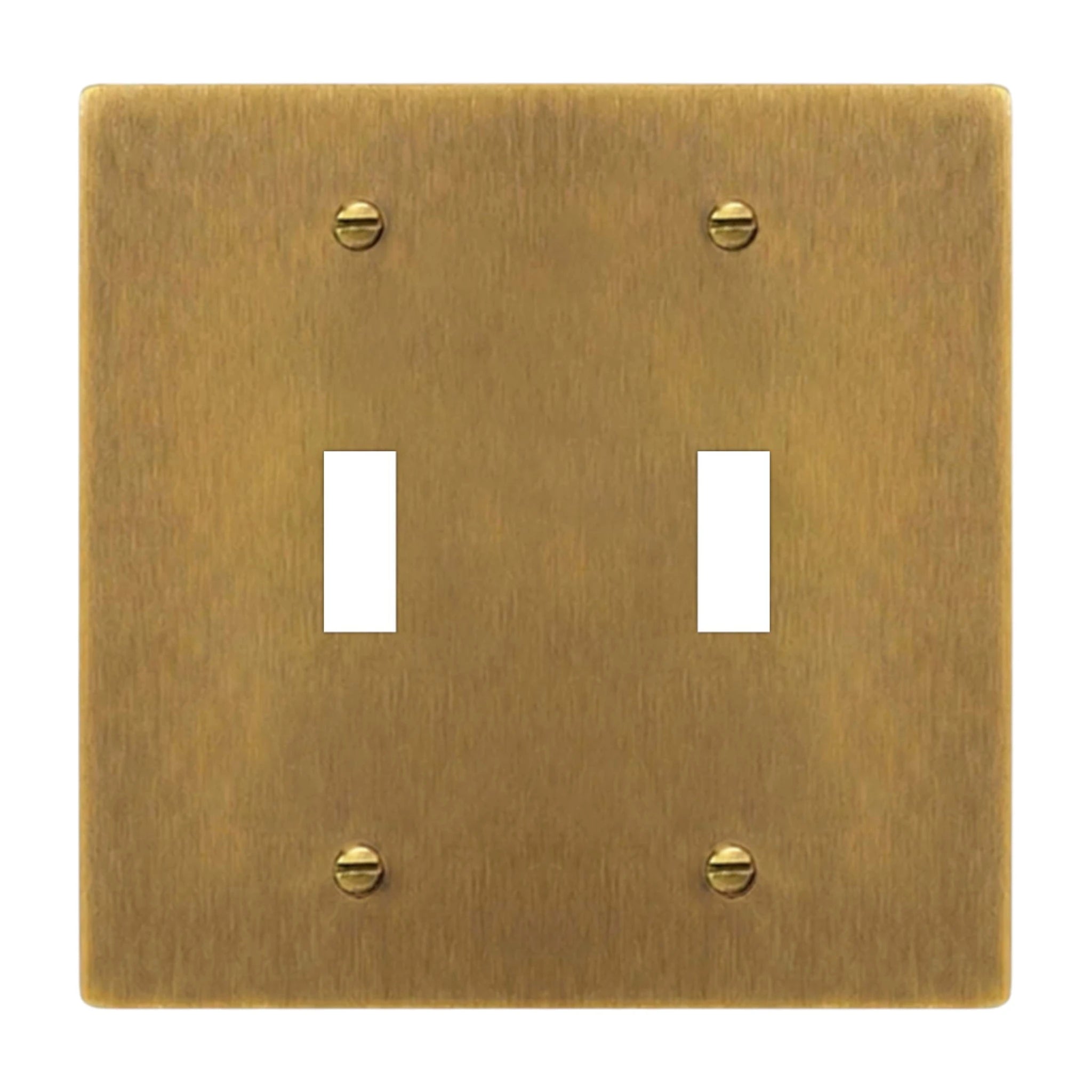 2-gang solid brass toggle wall plate in antique brass hand-brushed finish, double toggle opening