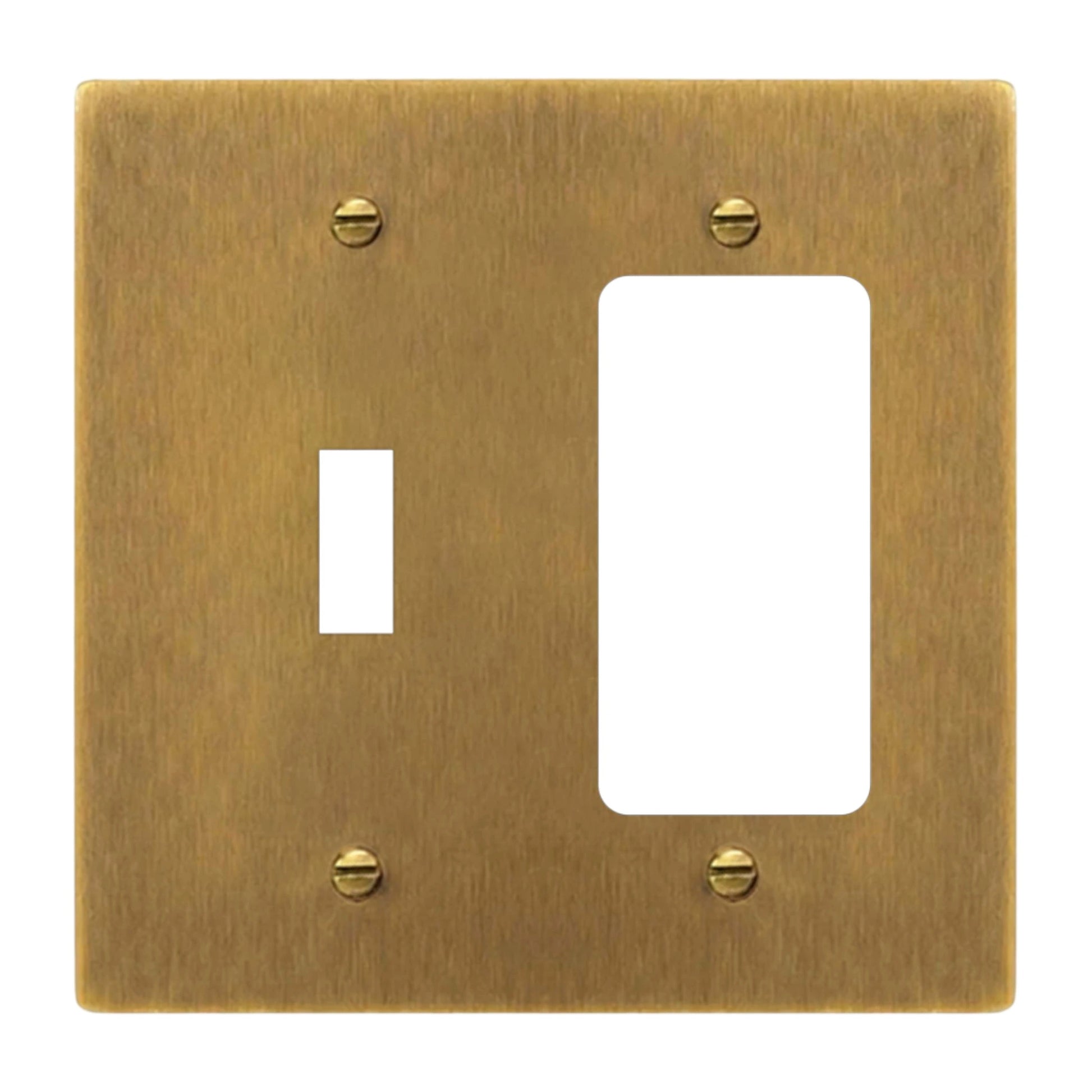 2-gang solid brass toggle and outlet wall plate in antique brass hand-brushed finish, toggle plus decora opening