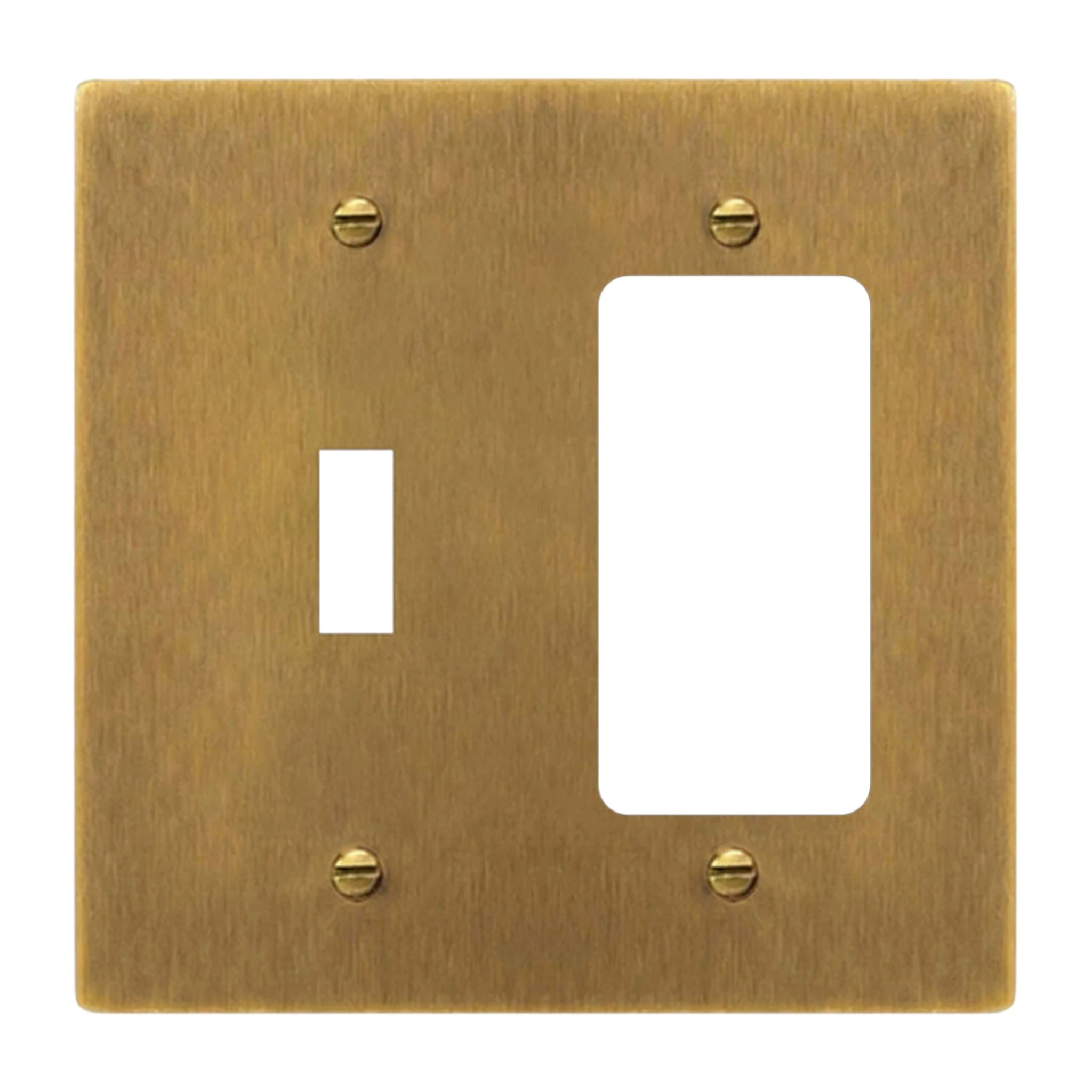 2-gang solid brass toggle and outlet wall plate in antique brass hand-brushed finish, toggle plus decora opening