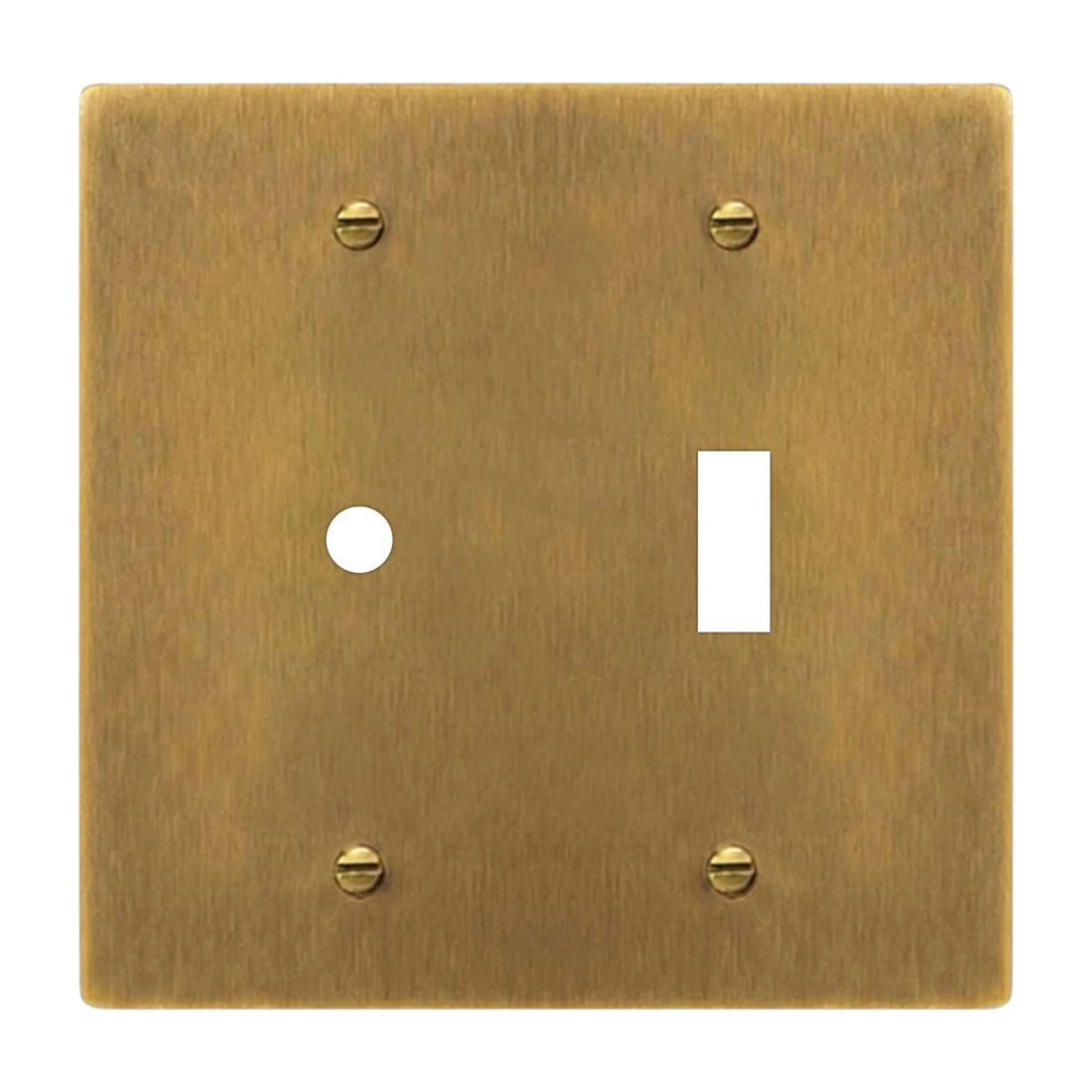 2-gang solid brass dimmer and toggle wall plate in aged bronze hand-brushed finish, rotary plus toggle opening