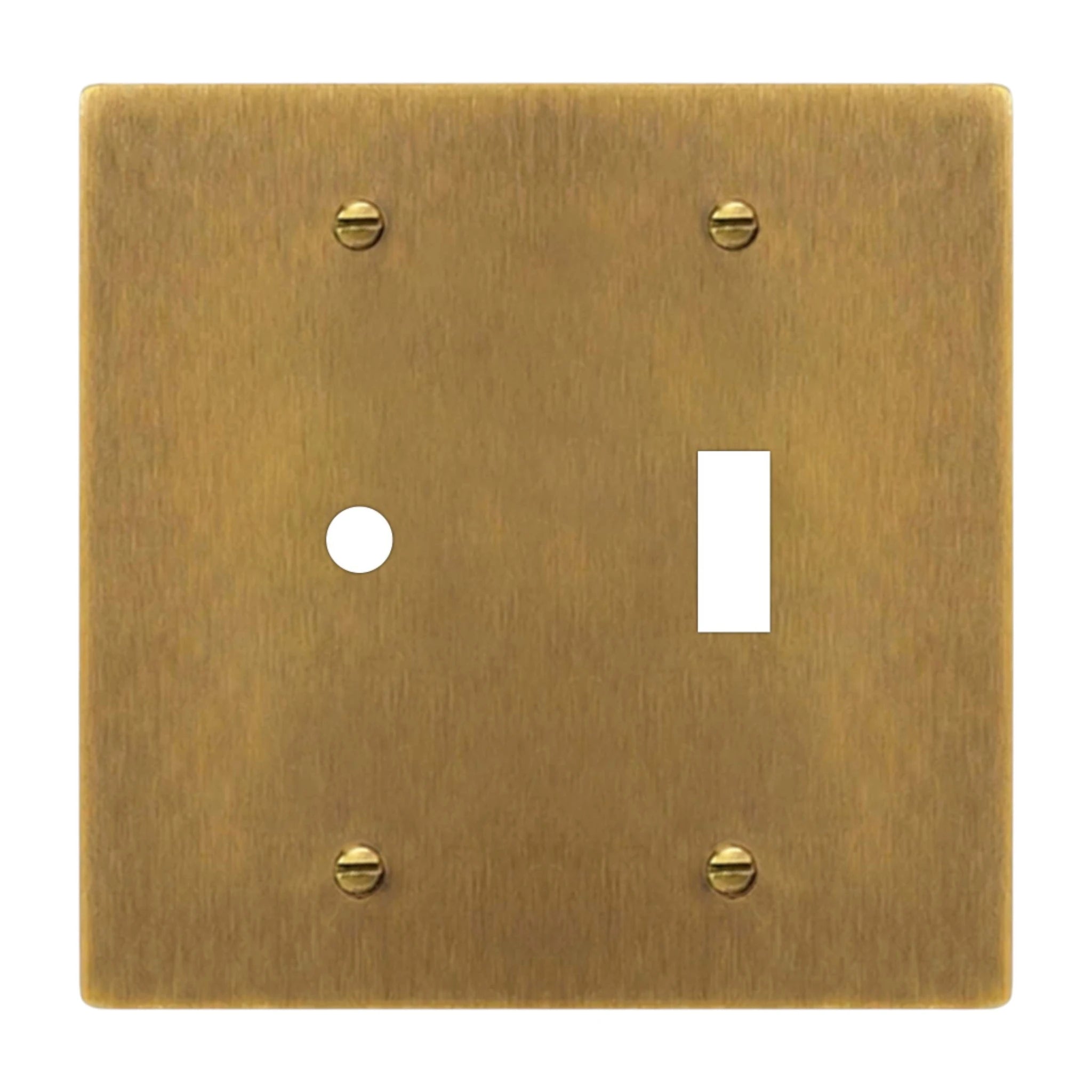 2-gang solid brass dimmer and toggle wall plate in antique brass hand-brushed finish, rotary plus toggle opening