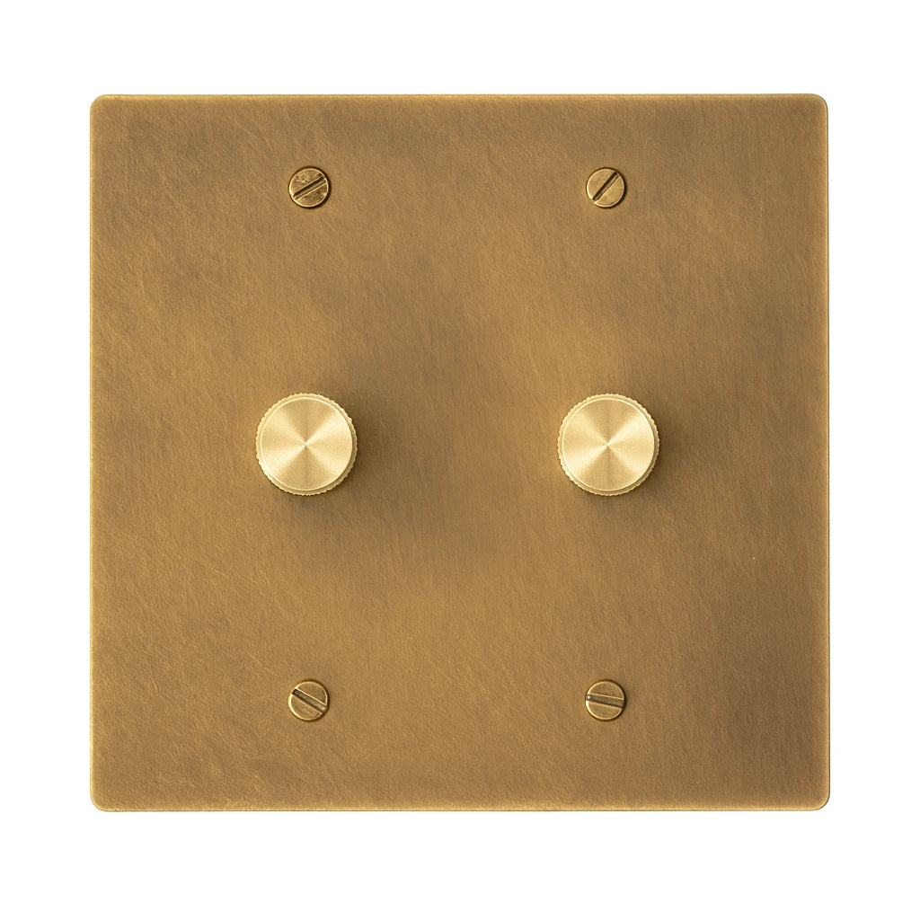 Two gang antique brushed brass dimmer light switch plate with dual smooth rotary knobs.