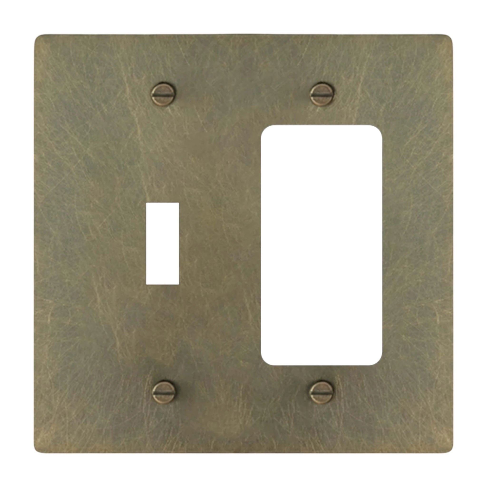 2-gang solid brass toggle and outlet wall plate in aged bronze hand-brushed finish, toggle plus decora opening