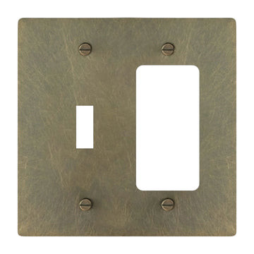 2-gang solid brass toggle and outlet wall plate in aged bronze hand-brushed finish, toggle plus decora opening