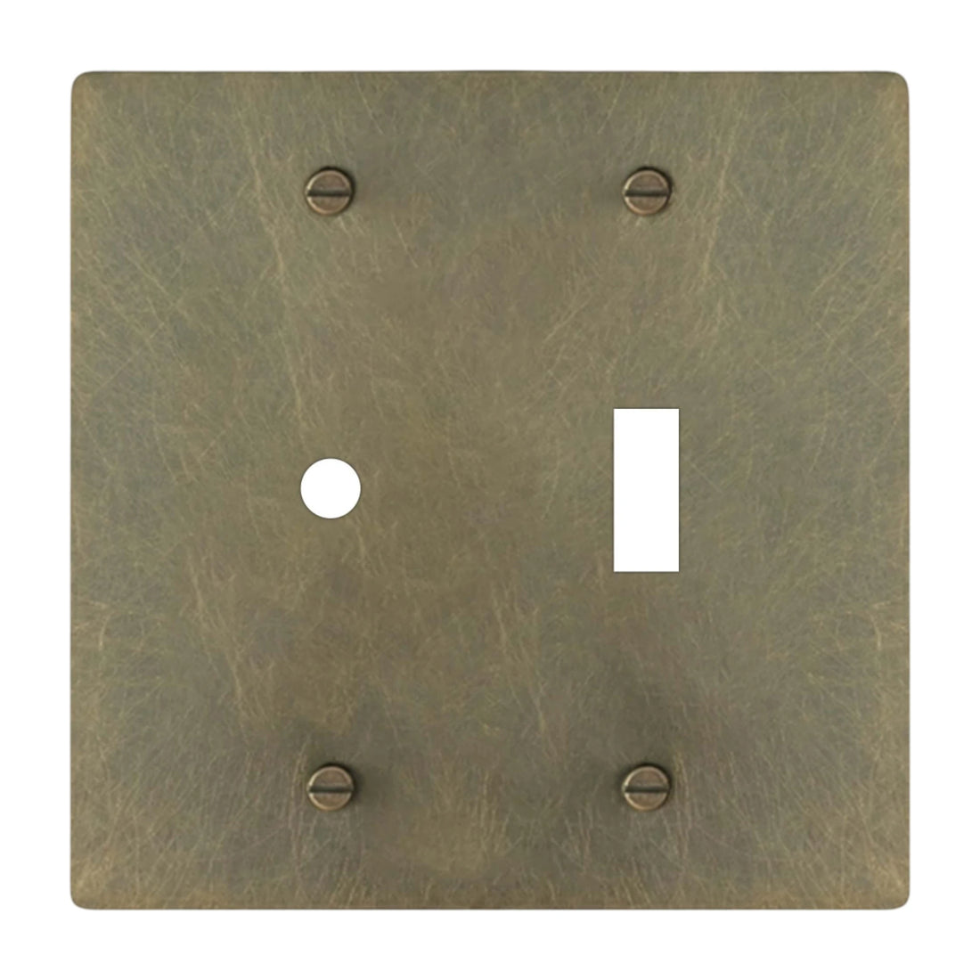 2-gang solid brass dimmer and toggle wall plate in aged bronze hand-brushed finish, rotary plus toggle opening
