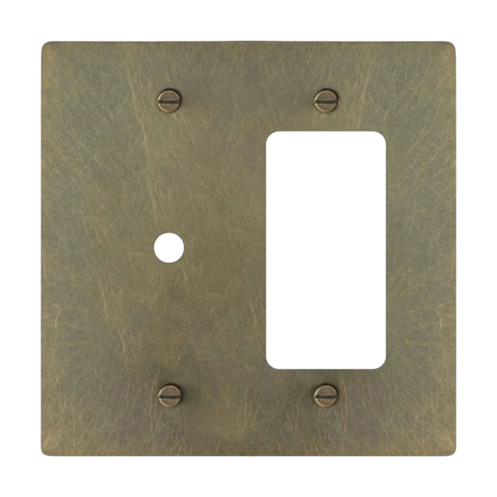 2-gang solid brass dimmer and outlet wall plate in aged bronze hand-brushed finish, rotary plus decorator opening