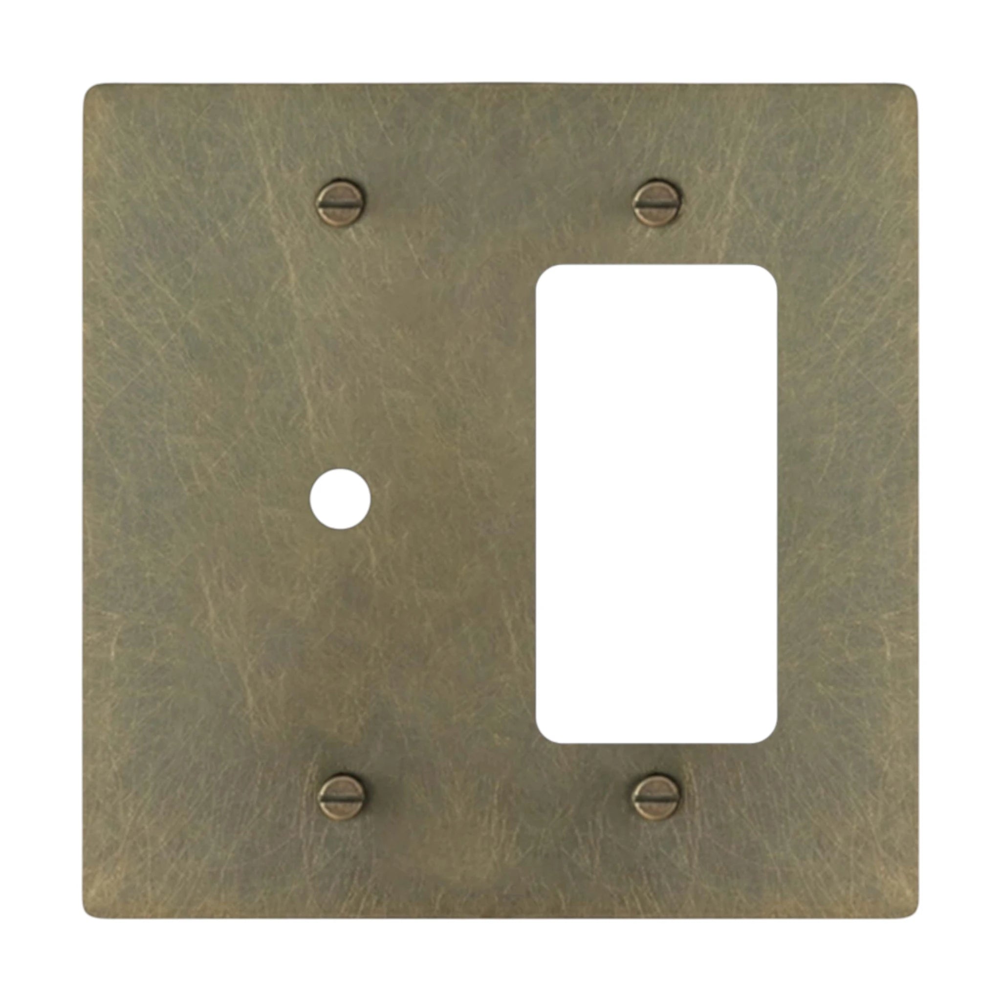 2-gang solid brass dimmer and outlet wall plate in aged bronze hand-brushed finish, rotary plus decorator opening