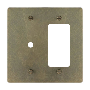 2-gang solid brass dimmer and outlet wall plate in aged bronze hand-brushed finish, rotary plus decorator opening