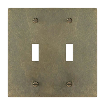 2-gang solid brass toggle wall plate in aged bronze hand-brushed finish, double toggle opening