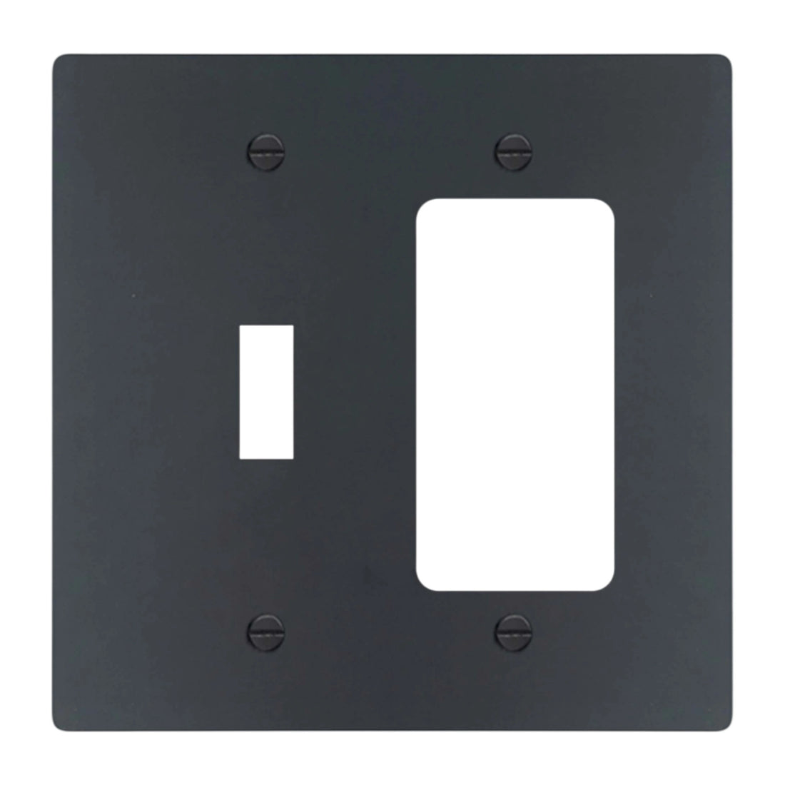 2-gang solid brass wall plate in matte black finish, toggle plus decora outlet opening