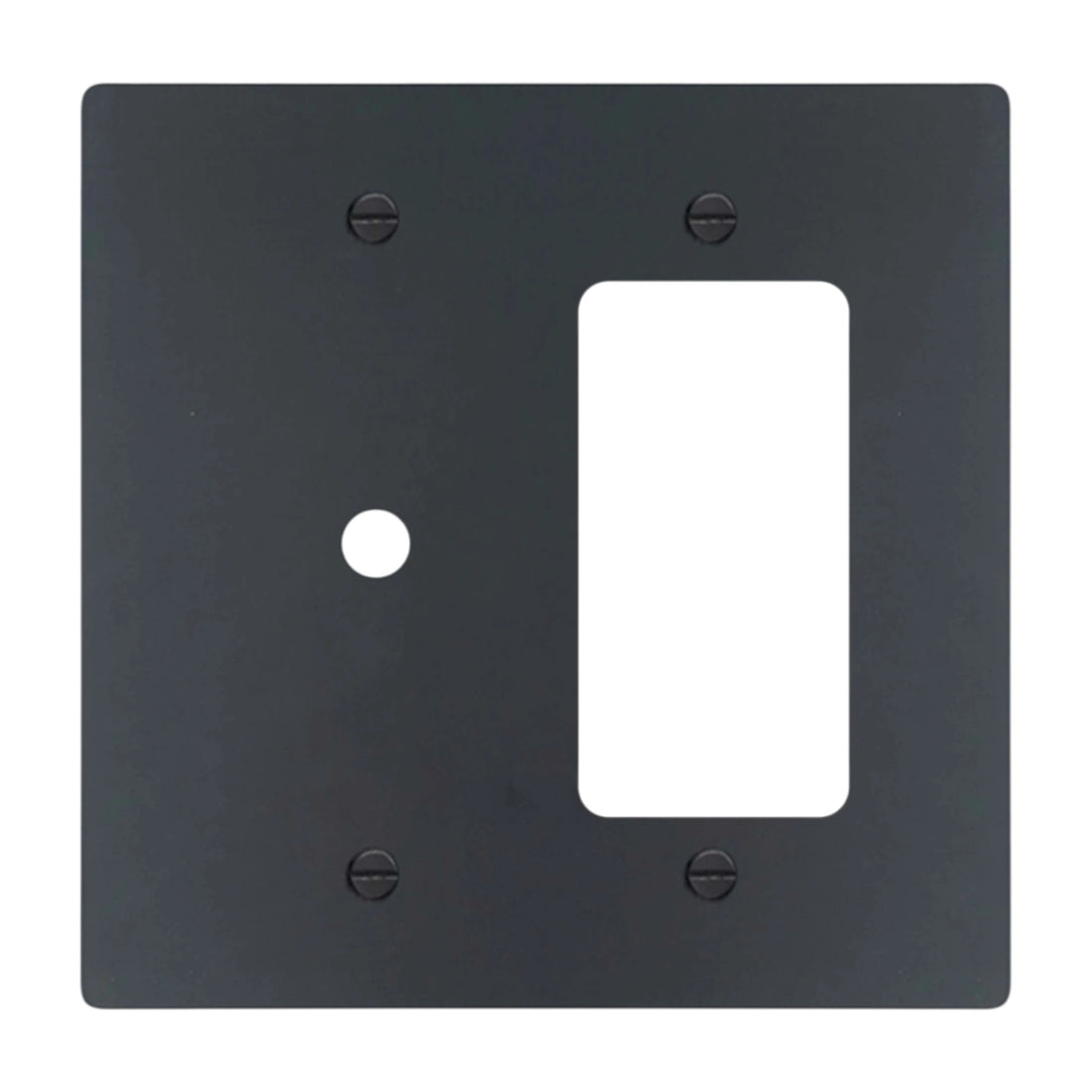 2-gang solid brass wall plate in matte black finish, rotary dimmer plus decorator outlet opening