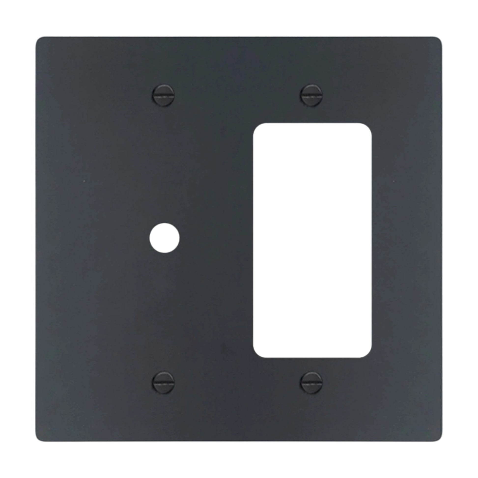 2-gang solid brass wall plate in matte black finish, rotary dimmer plus decorator outlet opening