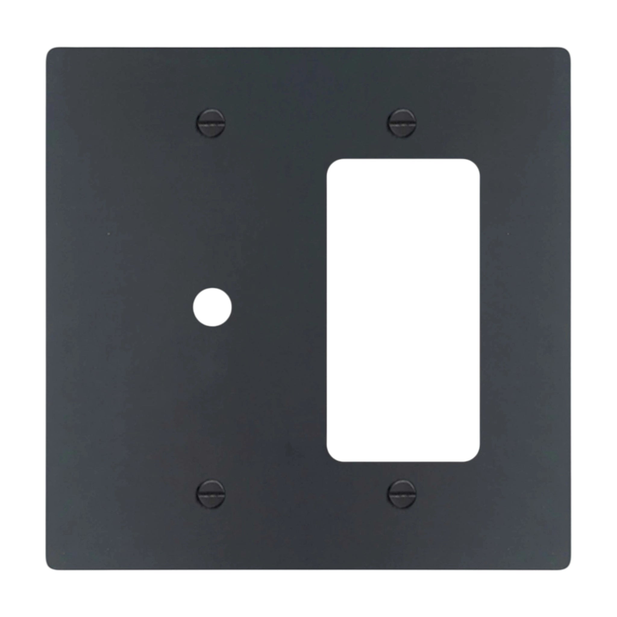 2-gang solid brass wall plate in matte black finish, rotary dimmer plus decorator outlet opening
