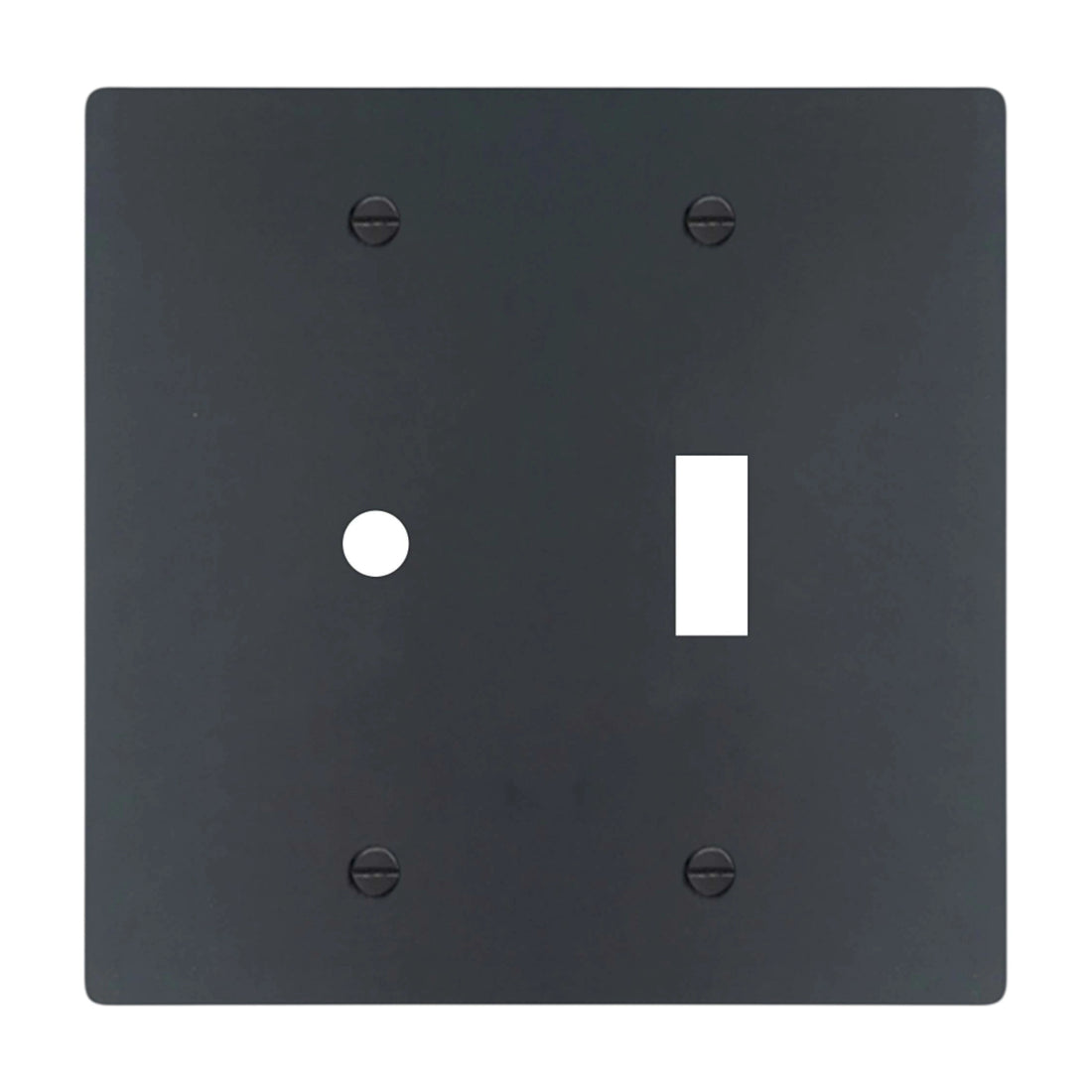 2-gang solid brass wall plate in matte black finish, rotary dimmer plus toggle opening