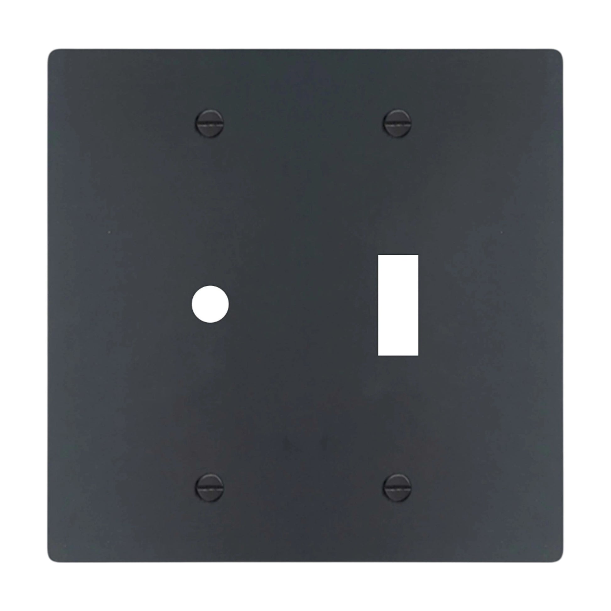 2-gang solid brass wall plate in matte black finish, rotary dimmer plus toggle opening